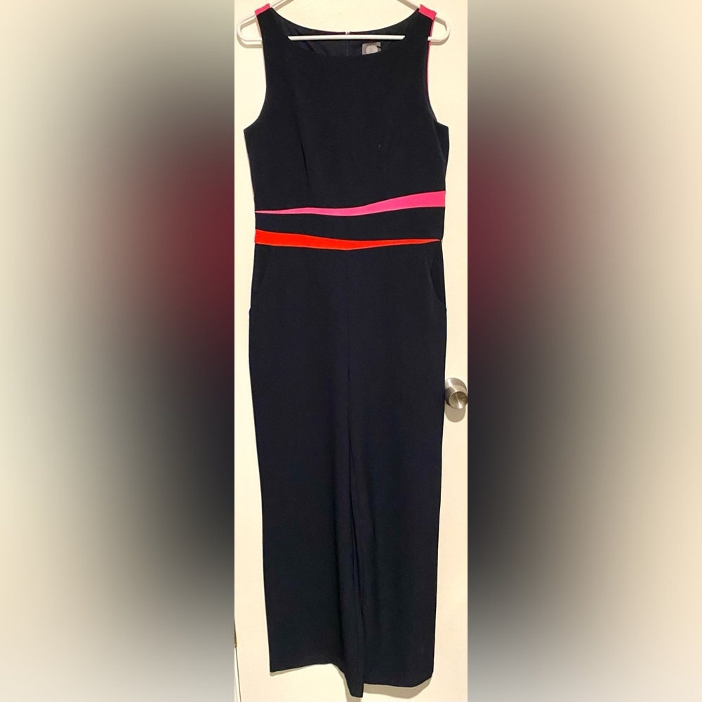 Vince Camuto Navy Jumpsuit with Pink and Red Accents 10